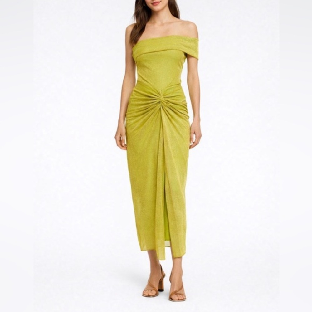 Baobab Collection One-Shoulder Ruched Midi Dress in Chartreuse M